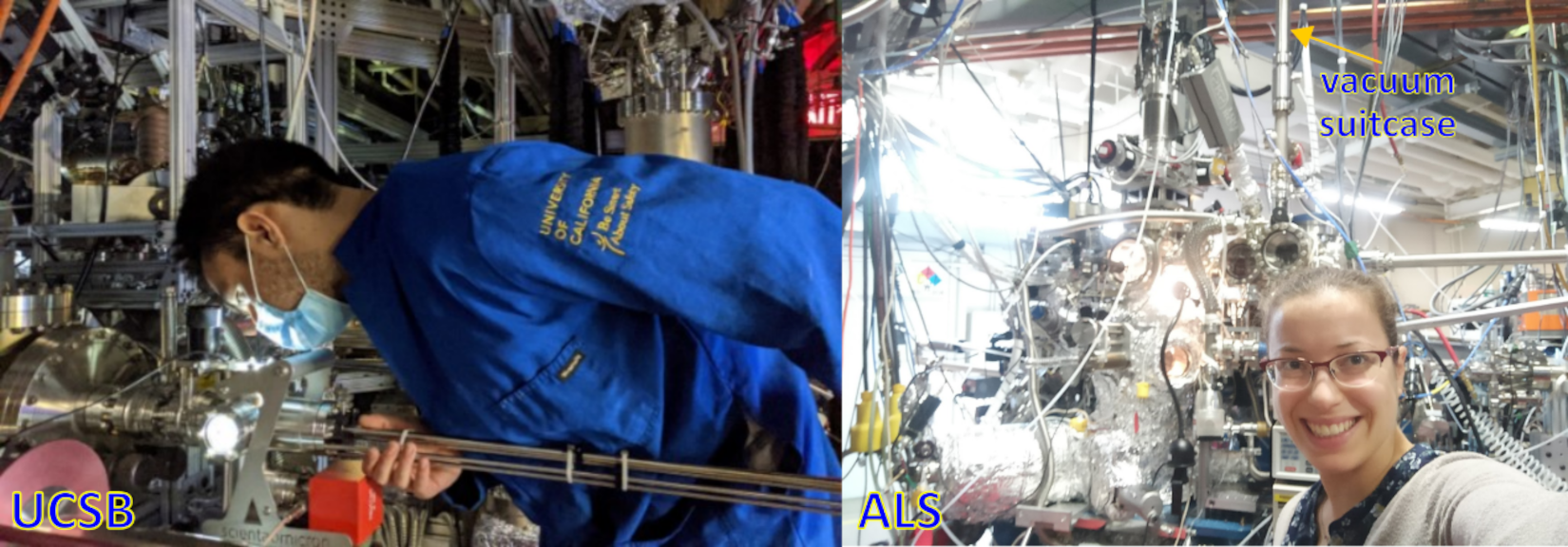 Figure 1. Left: Aaron Engel transferring samples into the vacuum suitcase at UCSB. Right: Hadass Inbar and the vacuum suitcase at ALS after a successful beamtime experiment!