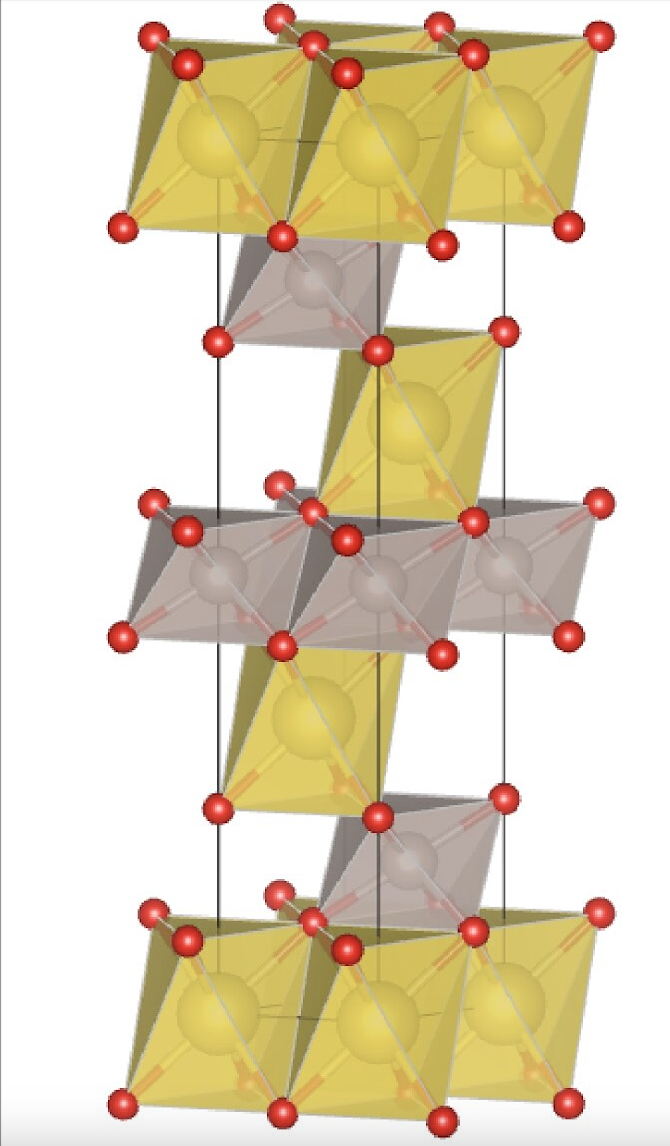 Crystal Structure of NaRuO2: Grey octahedra show Ru atoms coordinated by oxygen (red balls). Yellow octahedra show Na atoms coordinated by oxygen. Credit: Ortiz et al