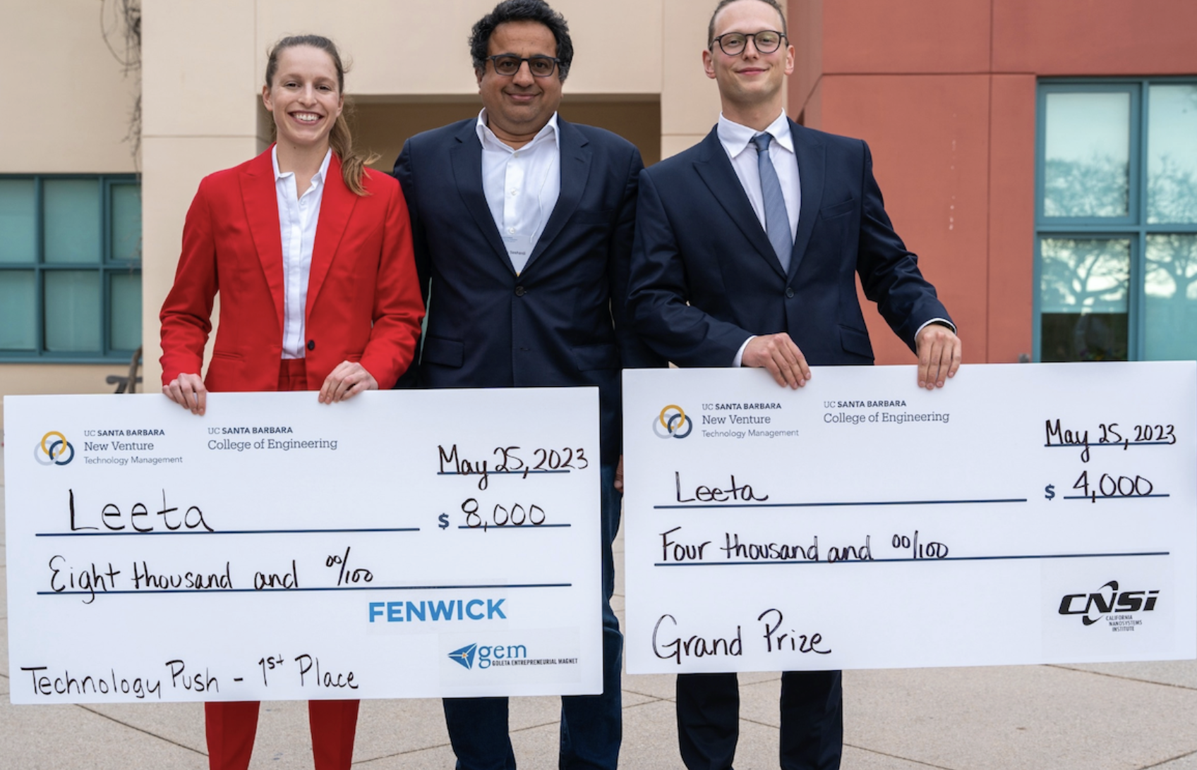 Leeta's Kira Wyckhoff (left), and Linus Kautzsch (right), with materials professor Ram Seshadri (center) 